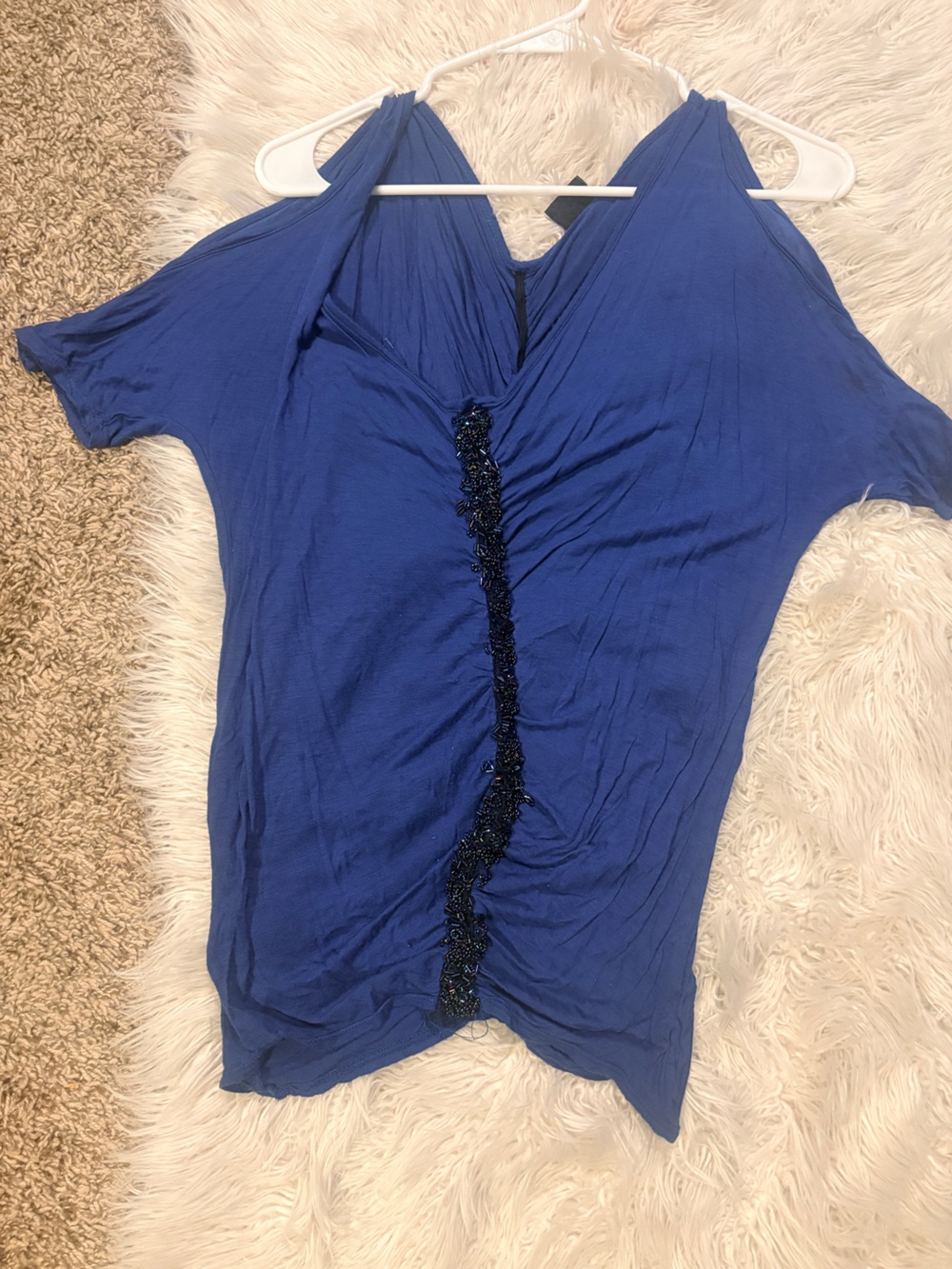 BKE Royal Blue Ruched V-Neck Cold Shoulder Top with Beaded Trim